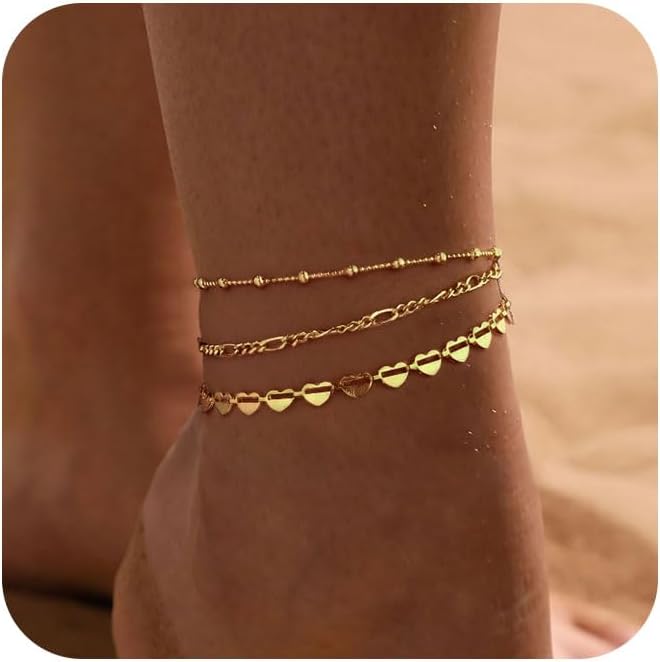 MFRYK Gold Ankle Bracelets for women,14k Gold/Silver Plated Waterproof Layered lightweight Cuban Link Figaro Chain Heart anklet butterfly anklet Pearl Ankle Bracelets Set Gold Anklets for women Trendy Jewelry Gift for Women - Image 1